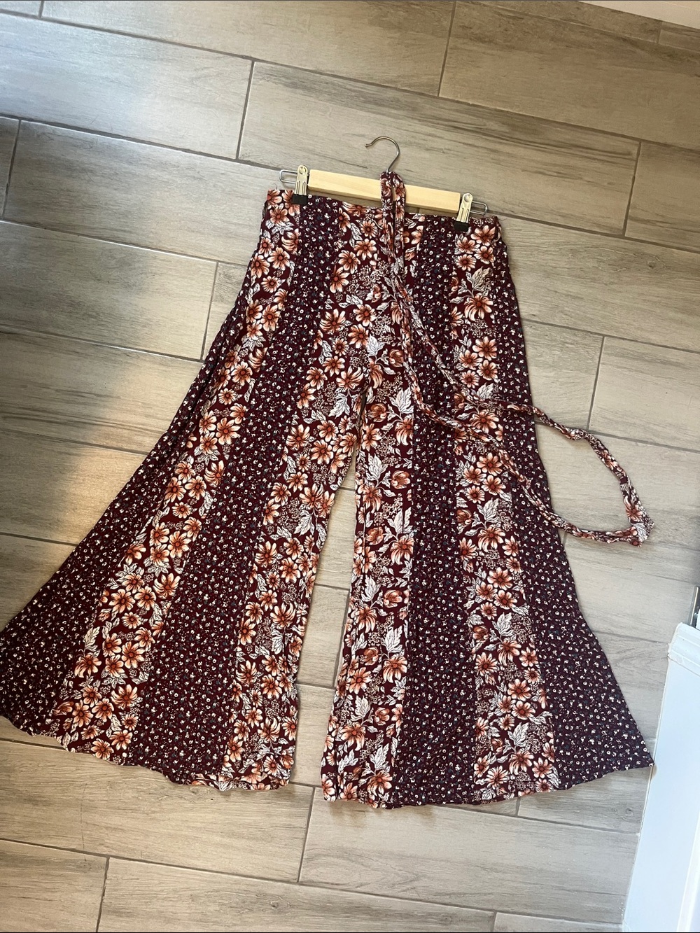 Angie Burgundy Floral-Striped Wide Leg Pants with Belt